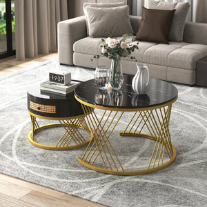 Duo Rotin | Duo de tables basses rondes effet marbre et rotin, tiroirs bois
