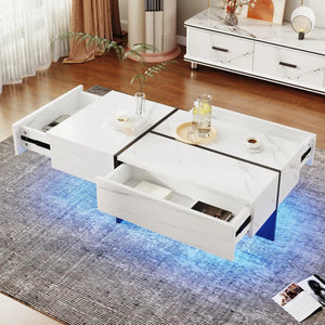 Aurore | Table basse bicolore effet marbre blanc et noir, LED connectée, 3 tiroirs