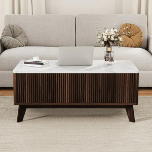 Ascension | Table basse relevable effet marbre et chêne clair, rangement intégré, 105x84x42 cm