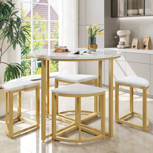 Compacte | Ensemble table ronde blanche 80cm et 4 chaises velours, pieds dorés