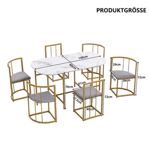 Élégante | Ensemble table blanche et 6 chaises velours gris, structure dorée