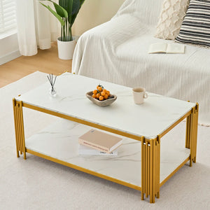 Domino | Table basse rectangulaire bicolore effet marbre, piétement métal, 114x64x46 cm