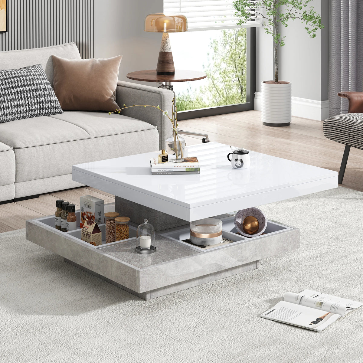 Pivot | Table basse pivotante à double plateau, effet marbre, blanc brillant, 70x70x36 cm