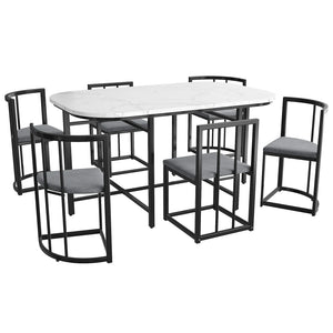 Élégante | Ensemble table blanche et 6 chaises velours gris, structure dorée