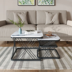 Duo Doré | Duo de tables basses effet marbre blanc, pieds dorés, 60 et 45 cm