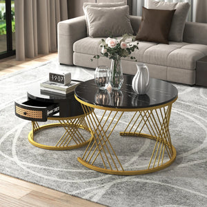 Duo Rotin | Duo de tables basses rondes effet marbre et rotin, tiroirs bois