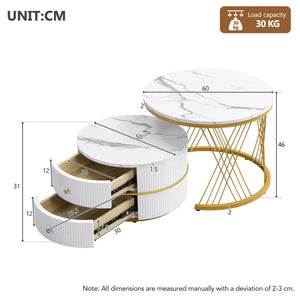 Reflet | Duo de tables gigognes rondes effet marbre brillant, 2 tiroirs