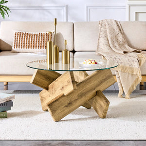 Verrière | Table basse ronde en verre trempé, base croisée imitation bois