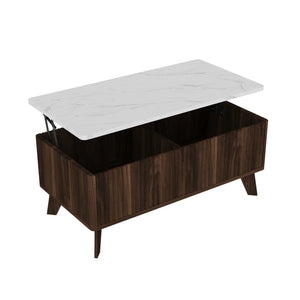 Ascension | Table basse relevable effet marbre et chêne clair, rangement intégré, 105x84x42 cm