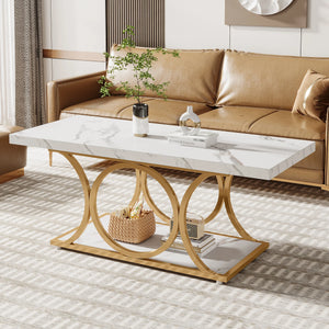 Manhattan | Table basse rectangulaire effet marbre blanc, pieds dorés, 118x56,5x48 cm