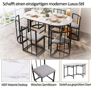 Élégante | Ensemble table blanche et 6 chaises velours gris, structure dorée