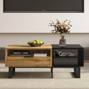 Contraste | Table basse noire et bois avec tiroir et 3 compartiments
