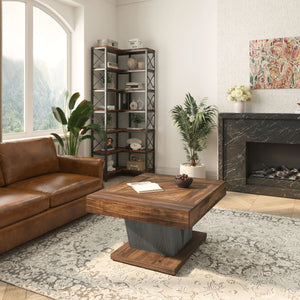Rustica | Table basse carrée effet bois rustique, piétement croisé, 80x80x51 cm