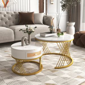 Duo Rotin | Duo de tables basses rondes effet marbre et rotin, tiroirs bois