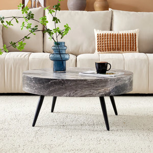 Cendre | Table basse ronde effet marbre gris Ø70 cm, piétement acier noir