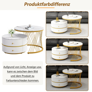 Reflet | Duo de tables gigognes rondes effet marbre brillant, 2 tiroirs
