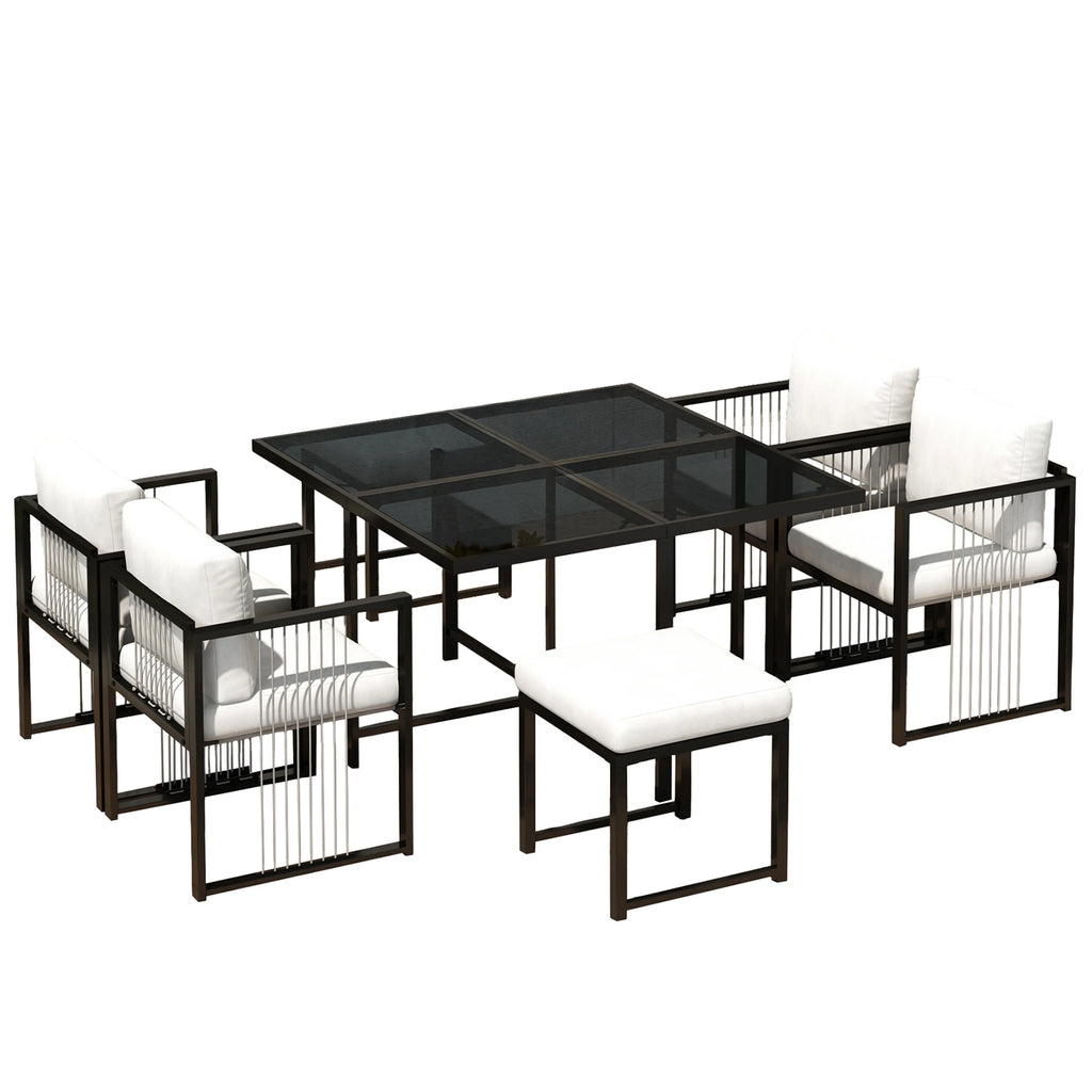 Séville | Ensemble repas 7 pièces, 4 fauteuils cordés et 2 poufs, table verre trempé
