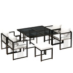Séville | Ensemble repas 7 pièces, 4 fauteuils cordés et 2 poufs, table verre trempé