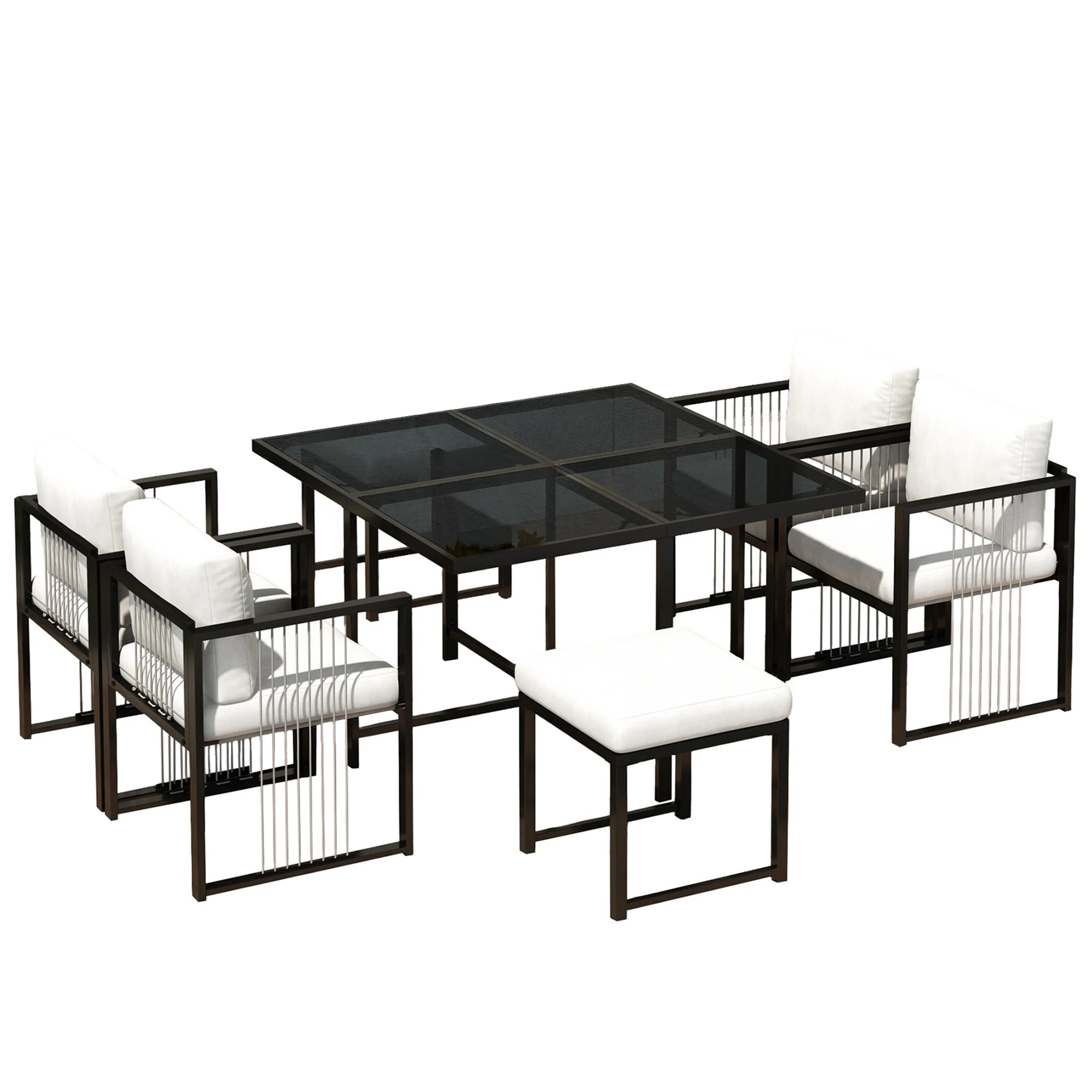 Séville | Ensemble repas 7 pièces, 4 fauteuils cordés et 2 poufs, table verre trempé