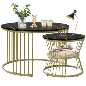 Duo Ébène | Duo de tables gigognes rondes effet marbre, piétement métal noir