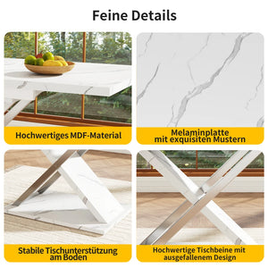 Marbella | Table de salle à manger extensible, plateau effet marbre, piétement croisé