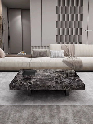 Titan | Table basse en pierre frittée effet marbre, piétement inox, plateau coulissant
