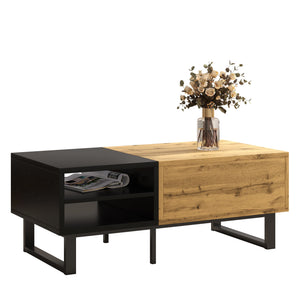 Contraste | Table basse noire et bois avec tiroir et 3 compartiments