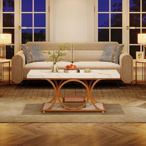 Manhattan | Table basse rectangulaire effet marbre blanc, pieds dorés, 118x56,5x48 cm