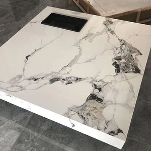 Titan | Table basse en pierre frittée effet marbre, piétement inox, plateau coulissant