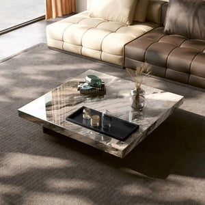 Titan | Table basse en pierre frittée effet marbre, piétement inox, plateau coulissant