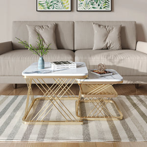 Duo Onyx | Duo de tables basses effet marbre, piétement fer noir et doré