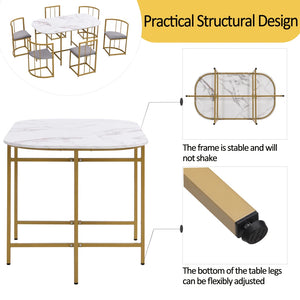 Élégante | Ensemble table blanche et 6 chaises velours gris, structure dorée