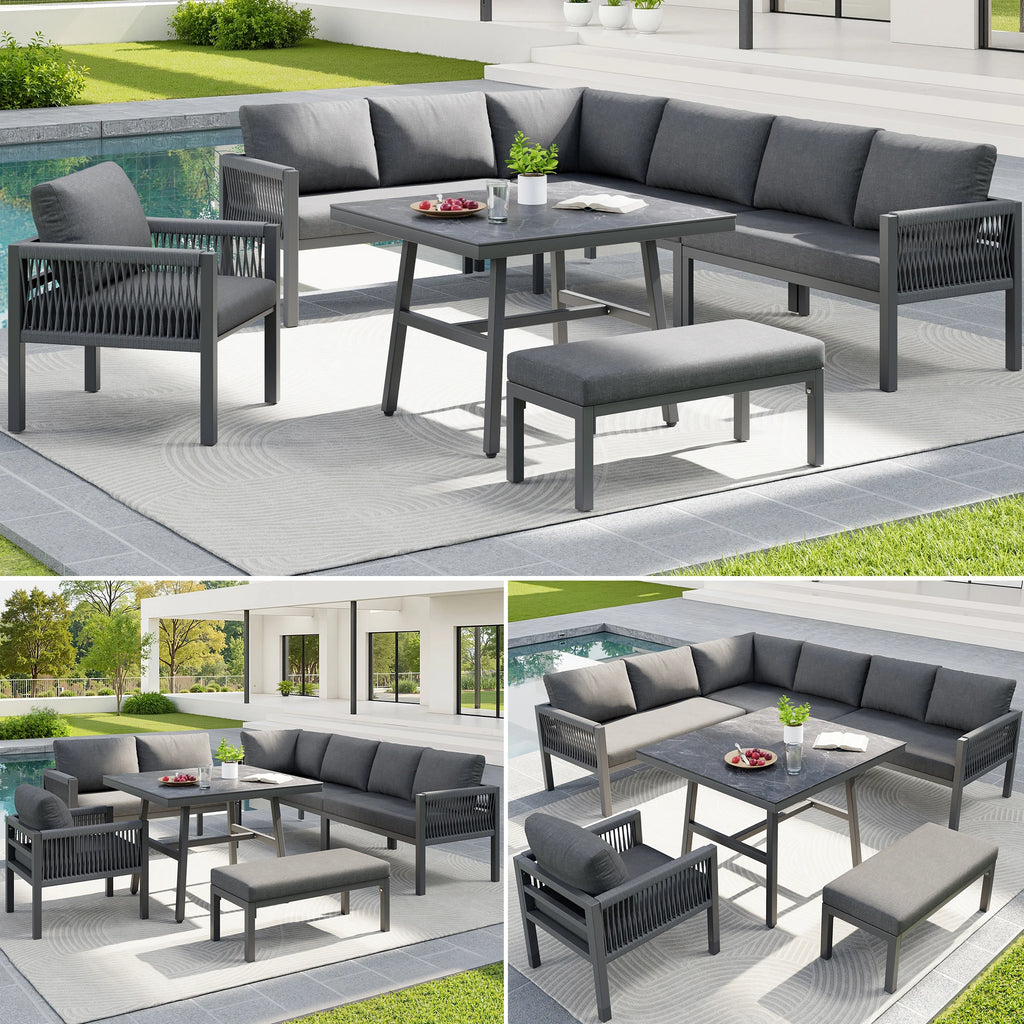 Panorama | Salon de jardin en L pour 8 personnes, coussins gris