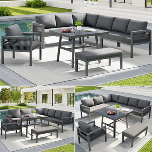 Panorama - Salon de jardin en L, 8 places, coussins gris