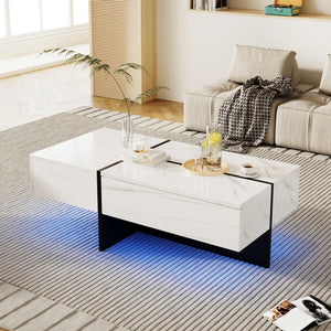 Aurore | Table basse bicolore effet marbre blanc et noir, LED connectée, 3 tiroirs