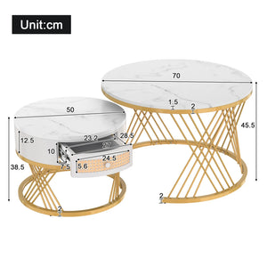 Duo Rotin | Duo de tables basses rondes effet marbre et rotin, tiroirs bois