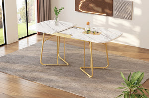 Athéna | Table de salle à manger extensible, plateau effet marbre blanc, pieds acier doré