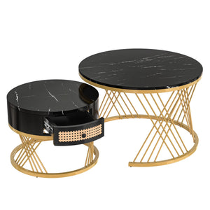 Duo Rotin | Duo de tables basses rondes effet marbre et rotin, tiroirs bois