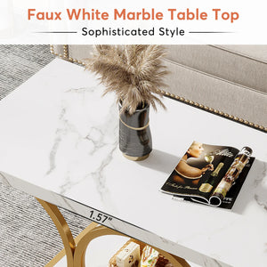 Manhattan | Table basse rectangulaire effet marbre blanc, pieds dorés, 118x56,5x48 cm