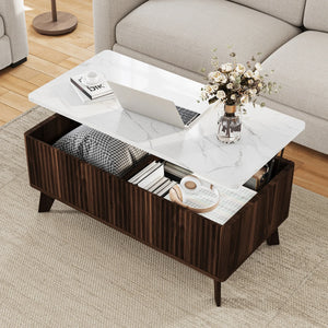 Ascension | Table basse relevable effet marbre et chêne clair, rangement intégré, 105x84x42 cm