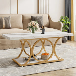 Manhattan | Table basse rectangulaire effet marbre blanc, pieds dorés, 118x56,5x48 cm
