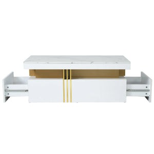 Éclipse | Table basse rectangulaire effet marbre haute brillance, 2 tiroirs bois, 100x50x40 cm