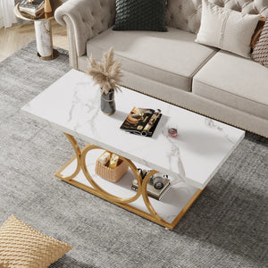 Manhattan | Table basse rectangulaire effet marbre blanc, pieds dorés, 118x56,5x48 cm