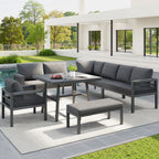 Panorama | Salon de jardin en L pour 8 personnes, coussins gris