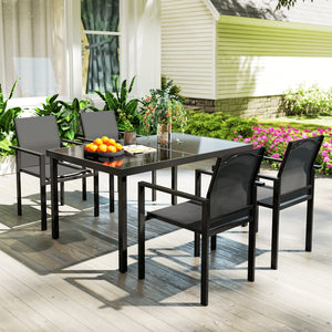 Onyx - Table de jardin verre trempé avec 4 chaises empilables noires