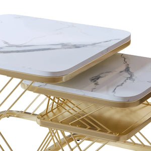 Duo Doré | Duo de tables basses effet marbre blanc, pieds dorés, 60 et 45 cm