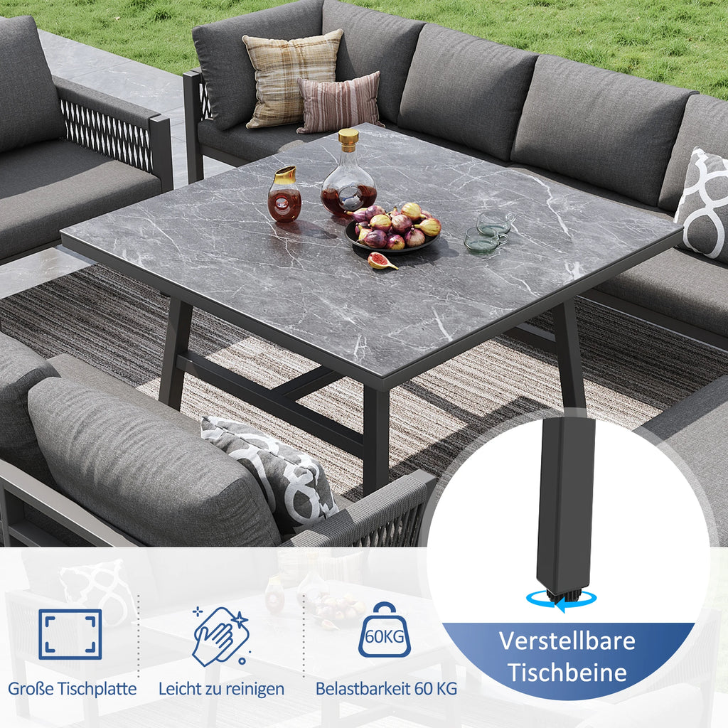Panorama | Salon de jardin en L pour 8 personnes, coussins gris