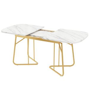 Athéna | Table de salle à manger extensible, plateau effet marbre blanc, pieds acier doré