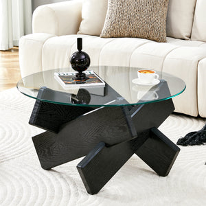 Verrière | Table basse ronde en verre trempé, base croisée imitation bois