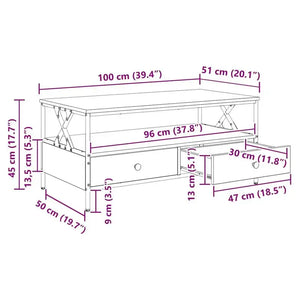 Chalet | Table basse en bois avec 2 tiroirs et étagère, cadre métallique